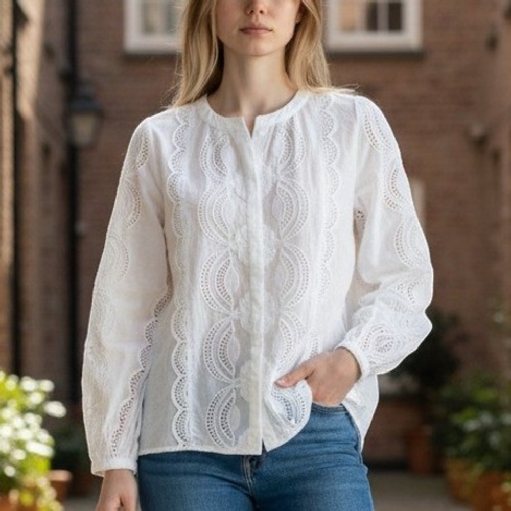 Johnny Was JADE White Cotton Eyelet Lace Embroidered Button Up Top Boho Small